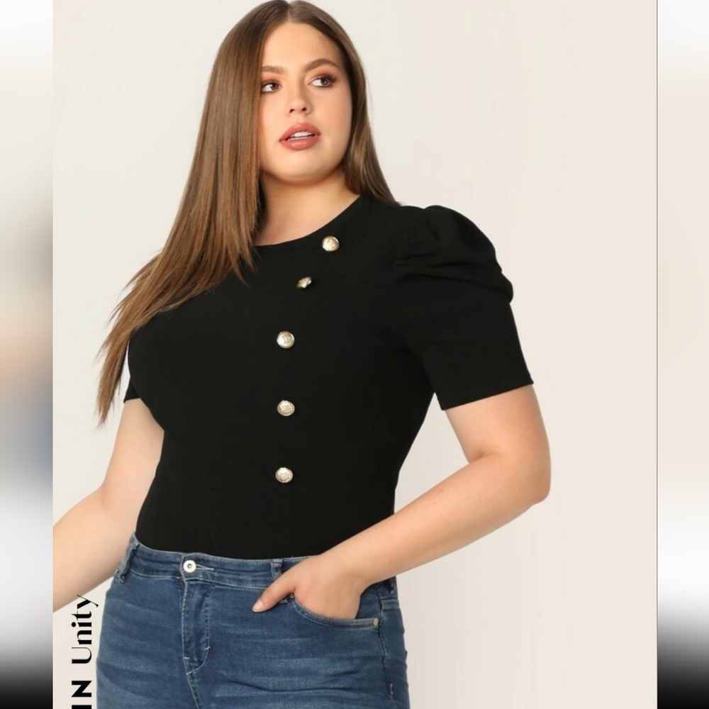 SHEIN Unity Plus Gold Button Detail Puff Sleeve Top